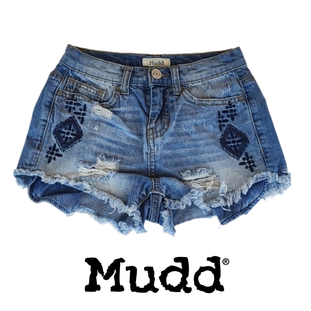 Vintage Mudd Medium Wash Blue Embroidered Distressed Jean Shorts, Size 1